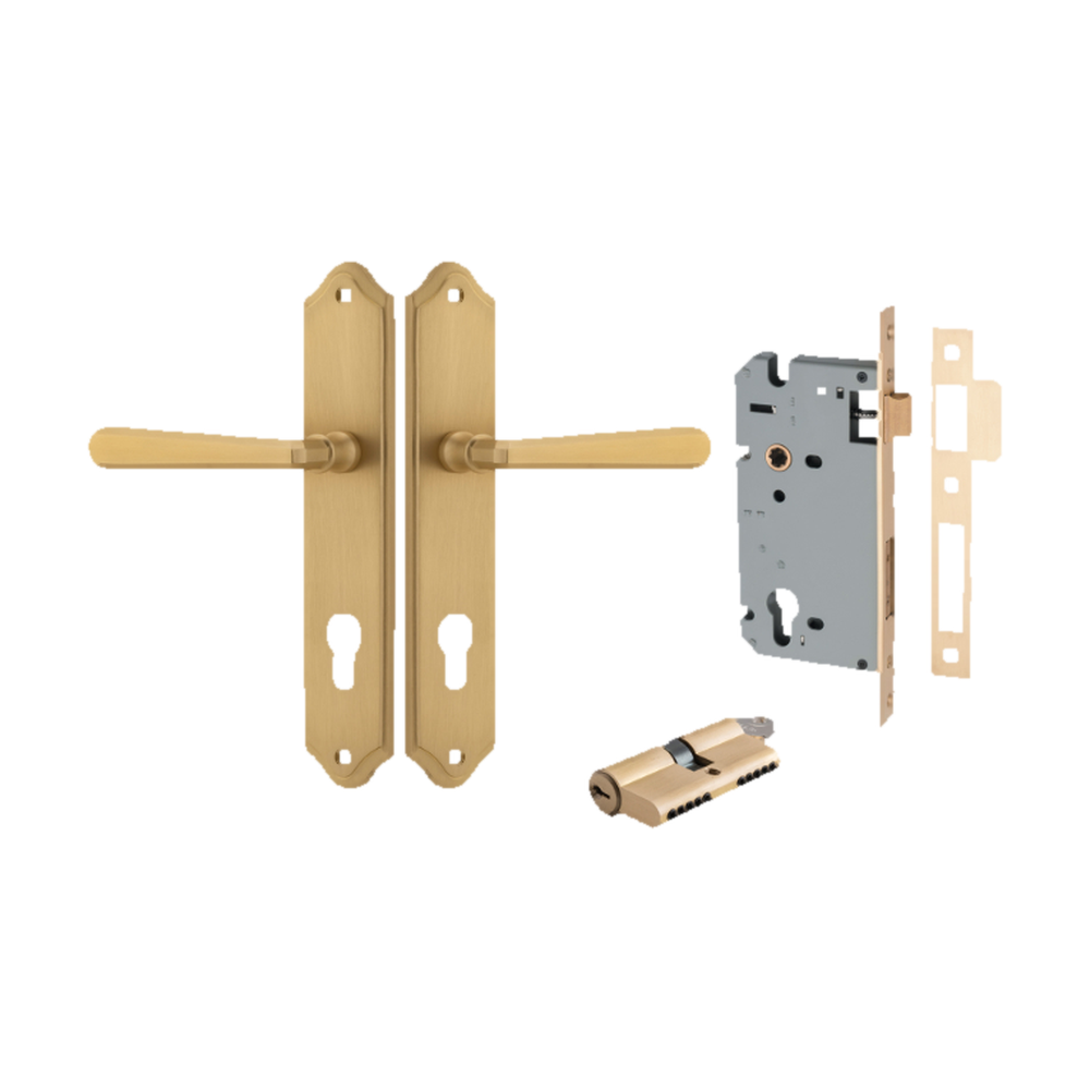 Door Lever Copenhagen Shouldered Euro Pair Brushed Brass CTC85mm H250xW48xP61mm Entrance Kit Mortice Lock Euro Brushed Brass CTC85mm Backset 60mm, Euro Cylinder Dual Function 5 Pin Brushed Brass L65mm KA1 in Brushed Brass