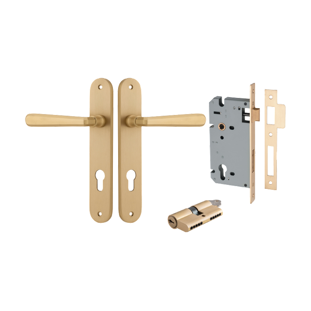 Door Lever Copenhagen Oval Euro Pair Brushed Brass CTC85mm H240xW40xP61mm Entrance Kit Mortice Lock Euro Brushed Brass CTC85mm Backset 60mm, Euro Cylinder Dual Function 5 Pin Brushed Brass L65mm KA1 in Brushed Brass