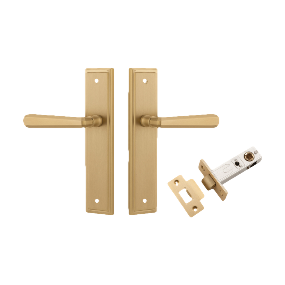 Door Lever Copenhagen Stepped Latch Pair Brushed Brass H237xW50xP61mm Passage Kit, Tube Latch Split Cam 'T' Striker Brushed Brass Backset 60mm in Brushed Brass