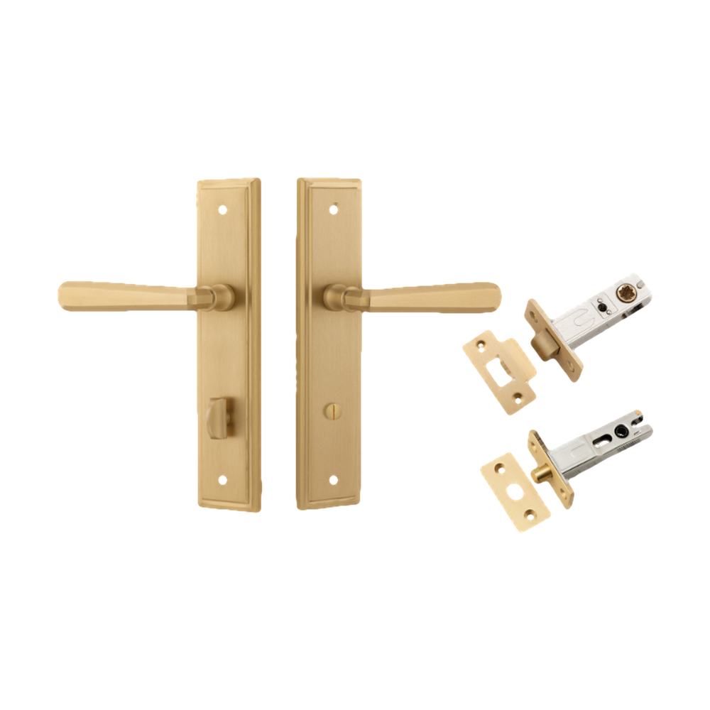 Door Lever Copenhagen Stepped Privacy Pair Brushed Brass CTC85mm H237xW50xP61mm Inbuilt Privacy Kit, Tube Latch Split Cam 'T' Striker Brushed Brass Backset 60mm, Privacy Bolt Round Bolt Brushed Brass Backset 60mm in Brushed Brass