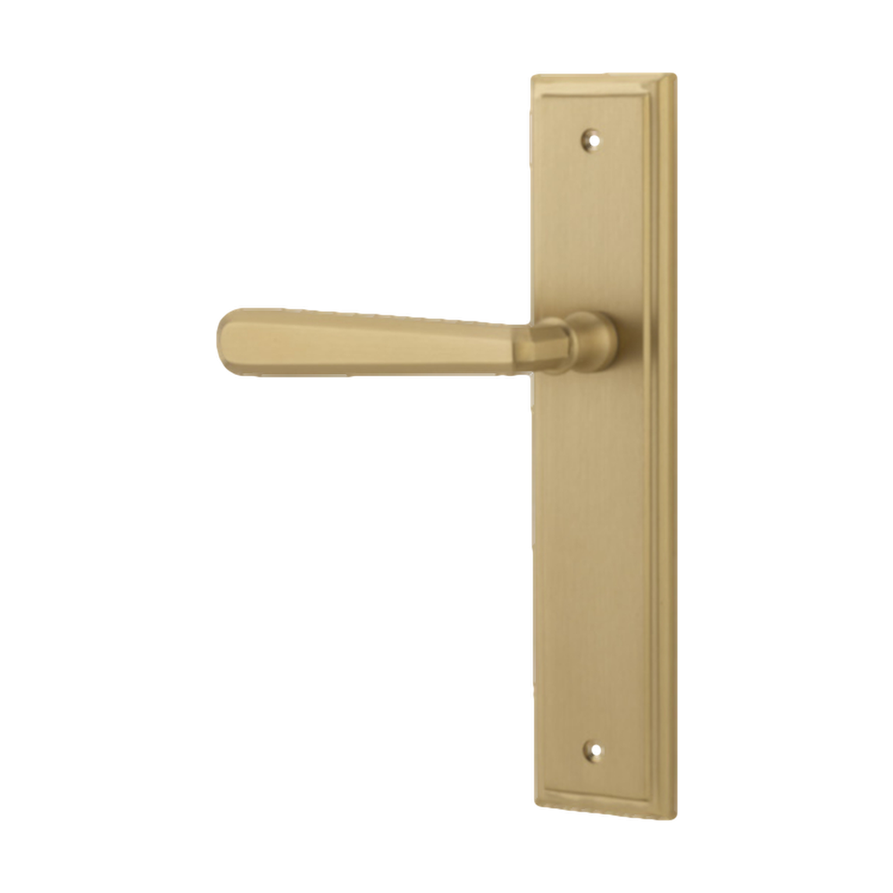 Door Lever Copenhagen Stepped Latch Left Hand Fixed Brushed Brass L120xP60mm BPH237xW50mm in Brushed Brass