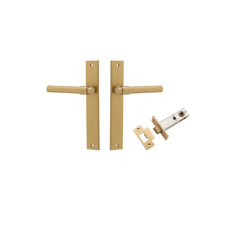 Door Lever Helsinki Rectangular Latch Pair Brushed Brass H240xW38xP44mm Passage Kit, Tube Latch Split Cam 'T' Striker Brushed Brass Backset 60mm in Brushed Brass