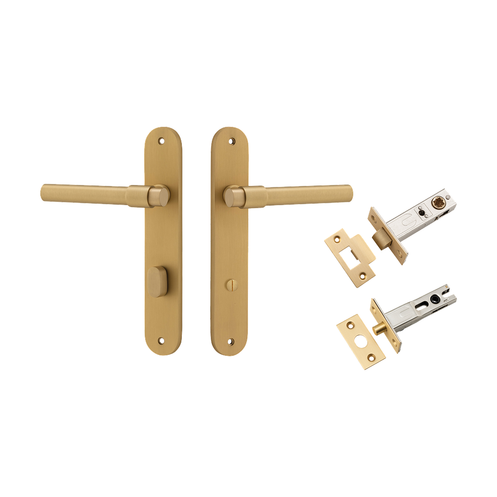 Door Lever Helsinki Oval Privacy Pair Brushed Brass CTC85mm H240xW40xP44mm Privacy Kit Tube Latch Split Cam 'T' Striker Brushed Brass Backset 60mm Privacy Bolt Round Bolt Brushed Brass Backset 60mm in Brushed Brass