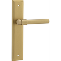 Pair of Iver Helsinki lever door handles on stepped backplates, showcasing sleek modern design in a close-up view.
