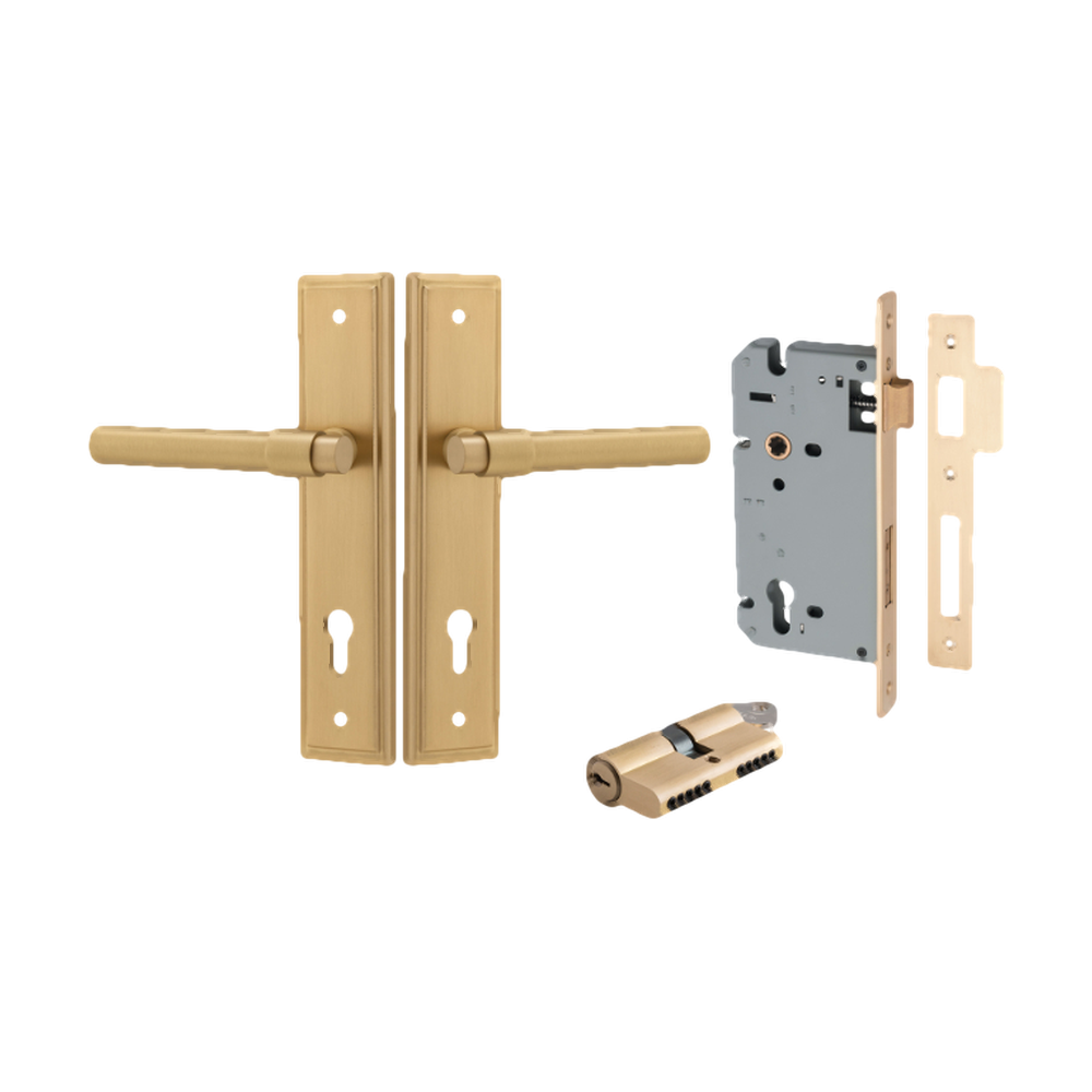 Door Lever Helsinki Stepped Euro Pair Brushed Brass CTC85mm H237xW50xP44mm Entrance Kit, Mortice Lock Euro Brushed Brass CTC85mm Backset 60mm, Euro Cylinder Dual Function 5 Pin Brushed Brass L65mm KA1 in Brushed Brass