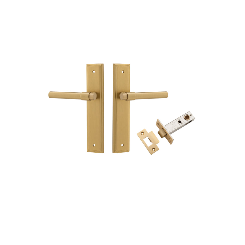 Pair of Iver Helsinki lever door handles on stepped backplates, featuring a sleek, modern design in a polished finish.