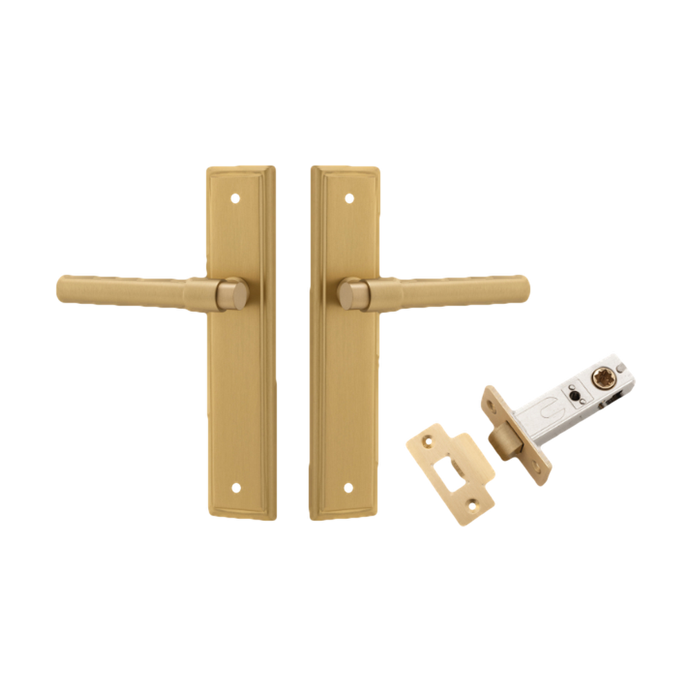 Door Lever Helsinki Stepped Latch Pair Brushed Brass H237xW50xP44mm Passage Kit, Tube Latch Split Cam 'T' Striker Brushed Brass Backset 60mm in Brushed Brass