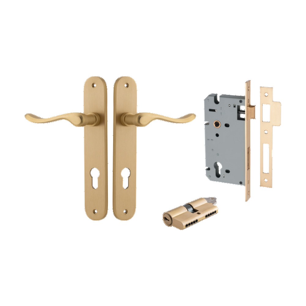 Door Lever Stirling Oval Euro Pair Brushed Brass CTC85mm H240xW40xP64mm Entrance Kit Mortice Lock Euro Brushed Brass CTC85mm Backset 60mm, Euro Cylinder Dual Function 5 Pin Brushed Brass L65mm KA1 in Brushed Brass