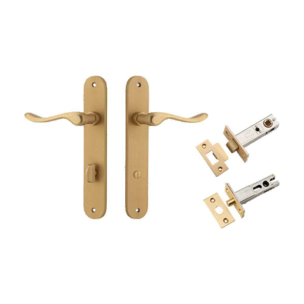Door Lever Stirling Oval Privacy Pair Brushed Brass CTC85mm H240xW40xP64mm Privacy Kit Tube Latch Split Cam 'T' Striker Brushed Brass Backset 60mm, Privacy Bolt Round Bolt Brushed Brass Backset 60mm in Brushed Brass
