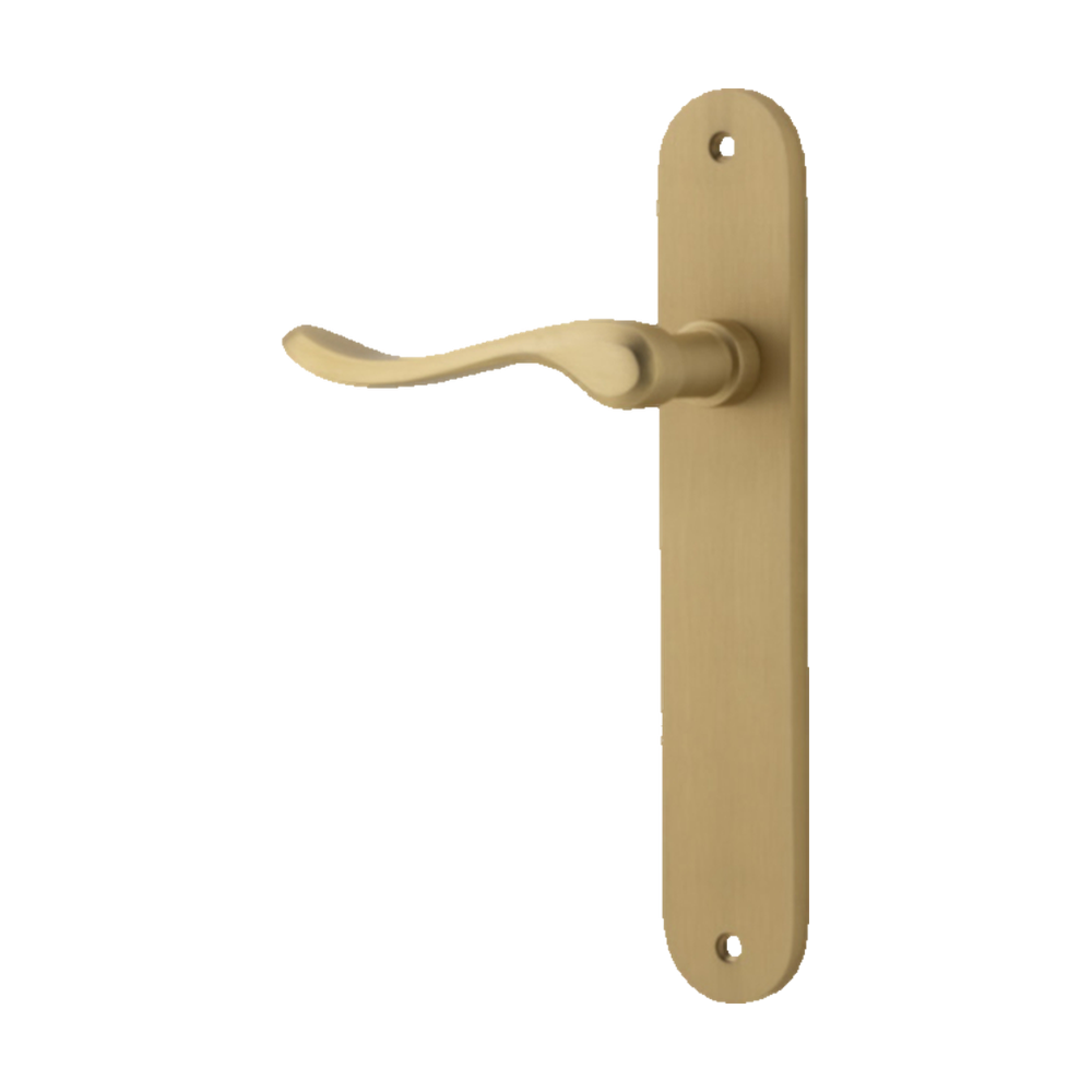 Door Lever Stirling Oval Latch Left Hand Fixed Brushed Brass L116xP62mm BPH240xW40mm in Brushed Brass