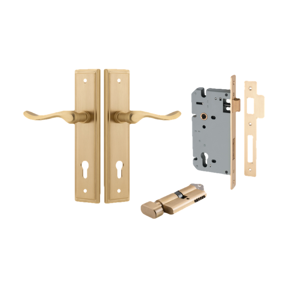 Door Lever Stirling Stepped Euro Pair Brushed Brass CTC85mm H237xW50xP64mm Entrance Kit, Mortice Lock Euro Brushed Brass CTC85mm Backset 60mm, Euro Cylinder Key Thumb 6 Pin Brushed Brass L70mm  
 KA1 in Brushed Brass