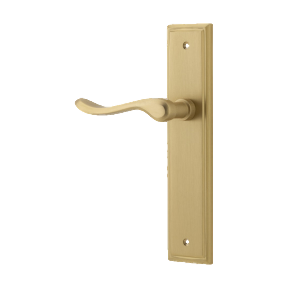 Door Lever Stirling Stepped Latch Left Hand Fixed Brushed Brass L116xP65mm BPH237xW50mm in Brushed Brass