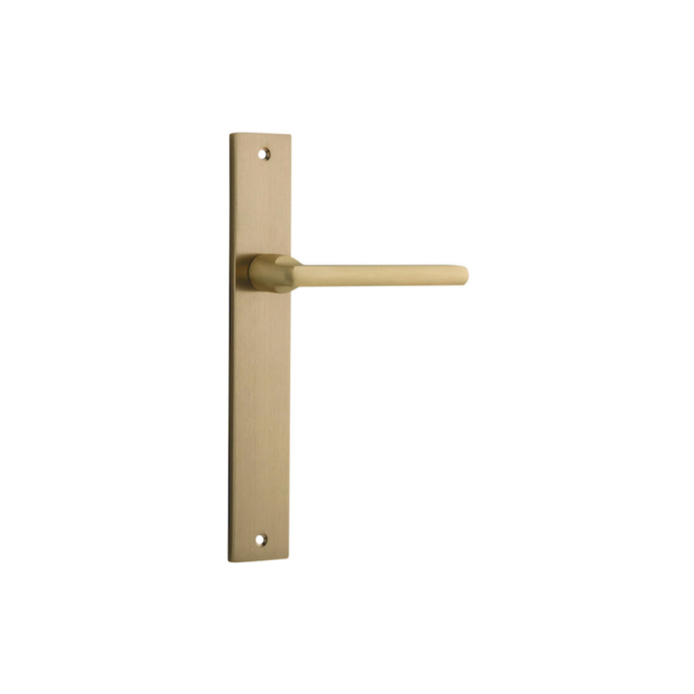 Pair of Iver Baltimore lever door handles on rectangular backplates, featuring a sleek, modern design in a polished finish.