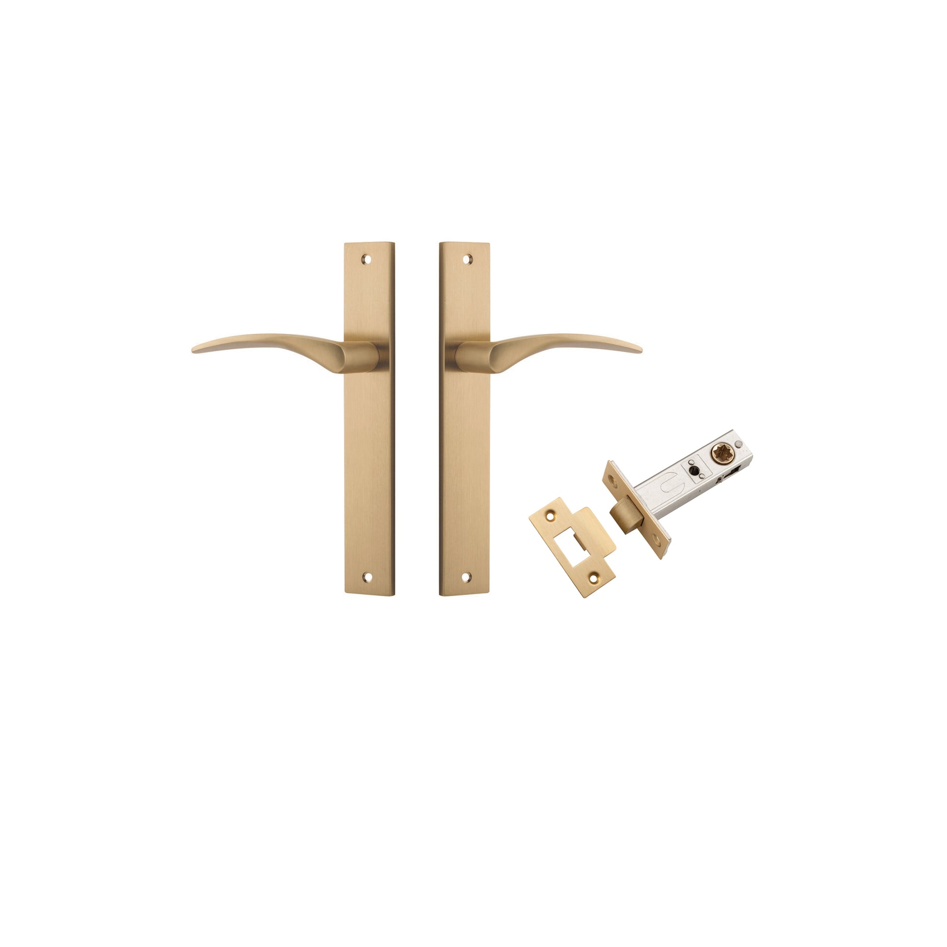 Door Lever Oxford Rectangular Latch Brushed Brass H240xW38xP60mm Passage Kit, Tube Latch Split Cam 'T' Striker Brushed Brass Backset 60mm in Brushed Brass
