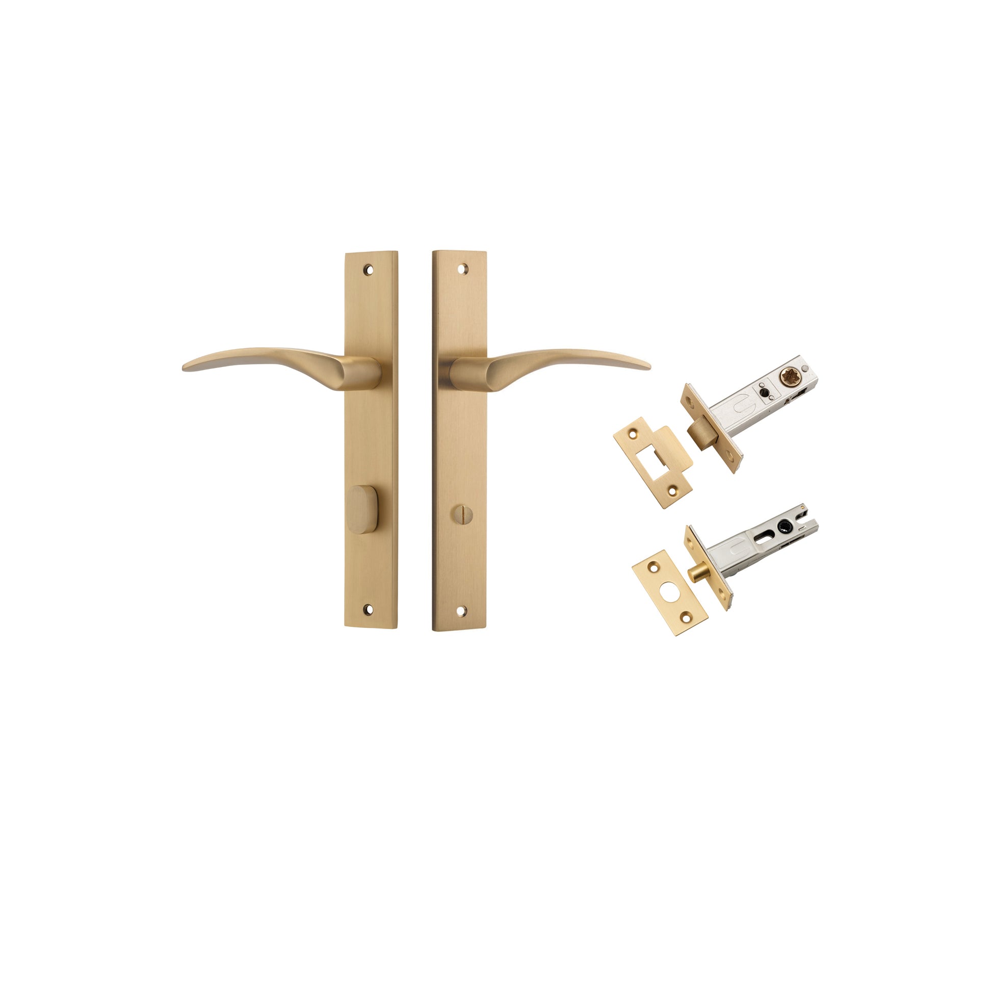 Door Lever Oxford Rectangular Privacy Brushed Brass CTC85mm H240xW38xP60mm Privacy Kit, Tube Latch Split Cam 'T' Striker Brushed Brass Backset 60mm, Privacy Bolt Round Bolt Brushed Brass Backset 60mm in Brushed Brass