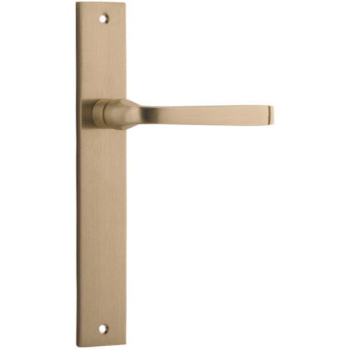 Pair of Iver Annecy lever handles on rectangular backplates, modern door hardware with sleek, polished finish.