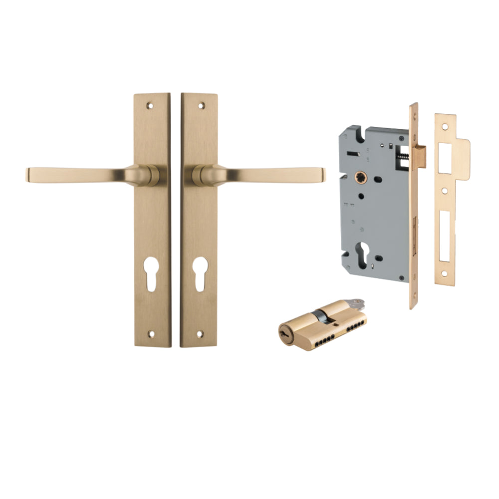 Door Lever Annecy Rectangular Euro Brushed Brass CTC85mm H240xW38xP65mm Entrance Kit, Mortice Lock Euro Brushed Brass CTC85mm Backset 60mm, Euro Cylinder Dual Function 5 Pin Brushed Brass L65mm KA1 in Brushed Brass