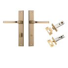 Door Lever Annecy Rectangular Privacy Brushed Brass CTC85mm H240xW38xP65mm Inbuilt Privacy Kit, Tube Latch Split Cam 'T' Striker Brushed Brass Backset 60mm, Privacy Bolt Round Bolt Brushed Brass Backset 60mm in Brushed Brass