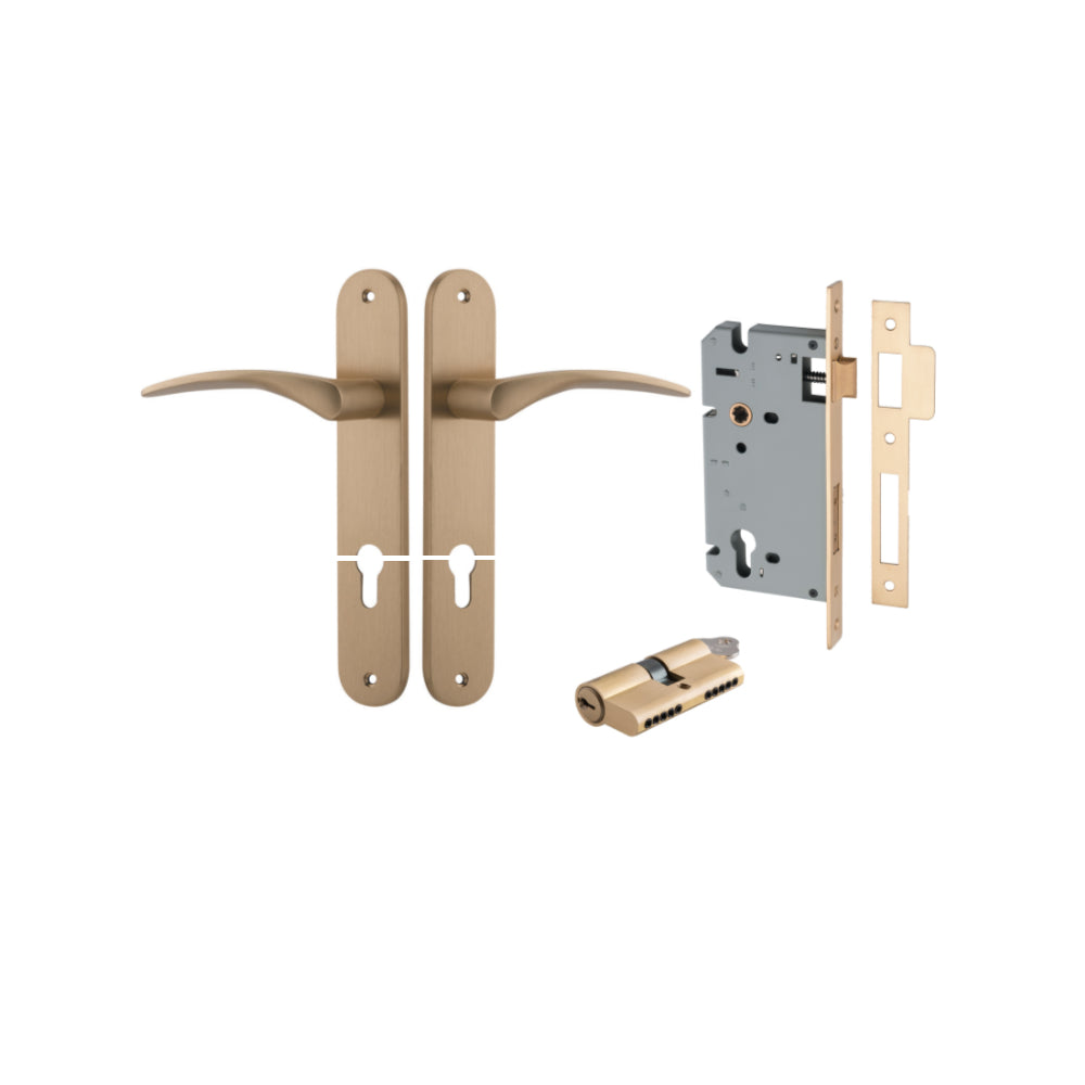 Door Lever Oxford Oval Euro Brushed Brass CTC85mm H237xW40xP60mm Entrance Kit Mortice Lock Euro Brushed Brass CTC85mm Backset 60mm, Euro Cylinder Dual Function 5 Pin Brushed Brass L65mm KA1 in Brushed Brass