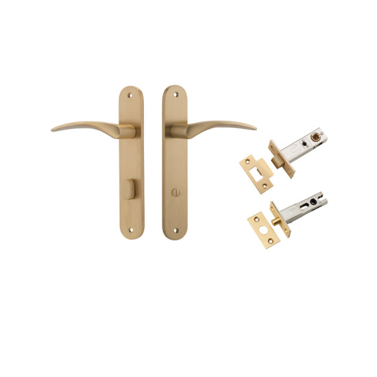 Door Lever Oxford Oval Privacy Brushed Brass CTC85mm H237xW40xP60mm Privacy Kit Tube Latch Split Cam 'T' Striker Brushed Brass Backset 60mm, Privacy Bolt Round Bolt Brushed Brass Backset 60mm in Brushed Brass