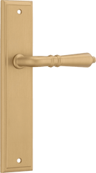 Pair of Iver Sarlat lever door handles on stepped backplate, featuring a modern metal design for stylish entryway decor.
