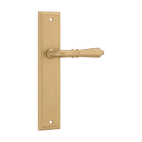 Pair of Iver Sarlat lever door handles on stepped backplate, featuring a modern metal design for stylish entryway decor.