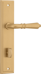 Pair of Iver Sarlat lever handles on stepped backplates, showcasing elegant door hardware with a polished finish.