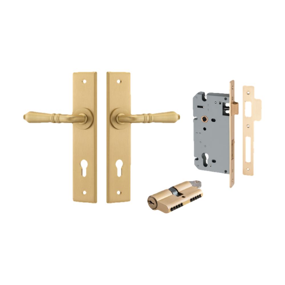 Door Lever Sarlat Chamfered Euro Pair Brushed Brass CTC85mm L111xP55mm BPH240xW50mm Mortice Lock Euro Brushed Brass CTC85mm Backset 60mm, Euro Cylinder Dual Function 5 Pin Brushed Brass 65mm KA4 in Brushed Brass
