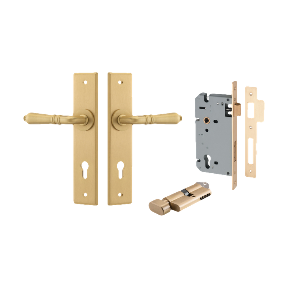 Door Lever Sarlat Chamfered Euro Pair Brushed Brass CTC85mm L111xP55mm BPH240xW50mm Mortice Lock Euro Brushed Brass CTC85mm Backset 60mm, Euro Cylinder Key Thumb 5 Pin Brushed Brass 65mm KA4 in Brushed Brass