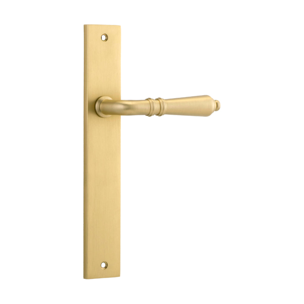 Pair of Iver Sarlat lever handles with rectangular backplates, showcasing a sleek modern door hardware design.