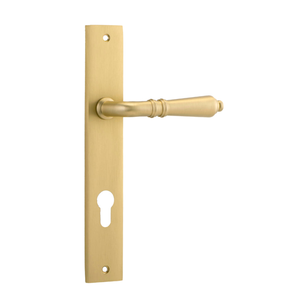 Pair of Iver Sarlat lever handles on rectangular backplates with keyhole cutouts, suitable for door hardware.