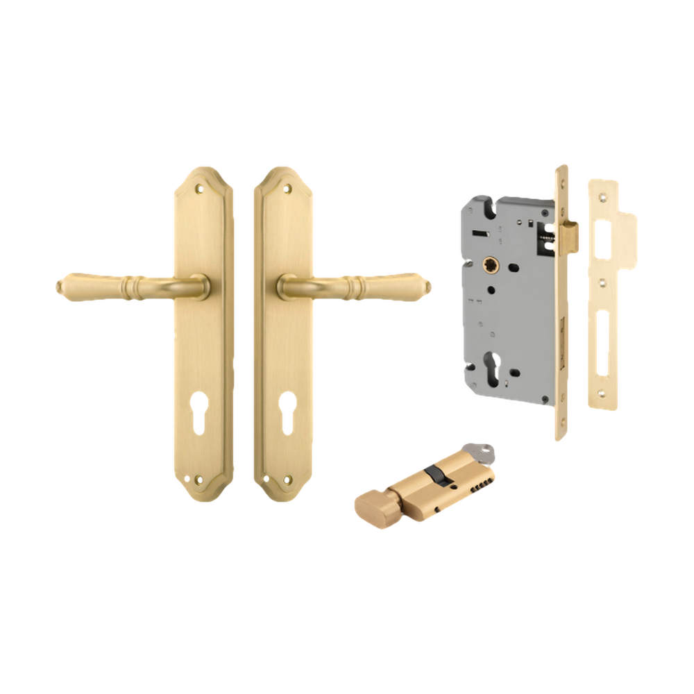 Door Lever Sarlat Shouldered Euro Brushed Gold PVD CTC85mm H250xW48xP57mm Entrance Kit Mortice Lock Euro Brushed Gold PVD CTC85mm Backset 60mm, Euro Cylinder Key Thumb 6 Pin Satin Brass L70mm KA2 in Brushed Gold PVD