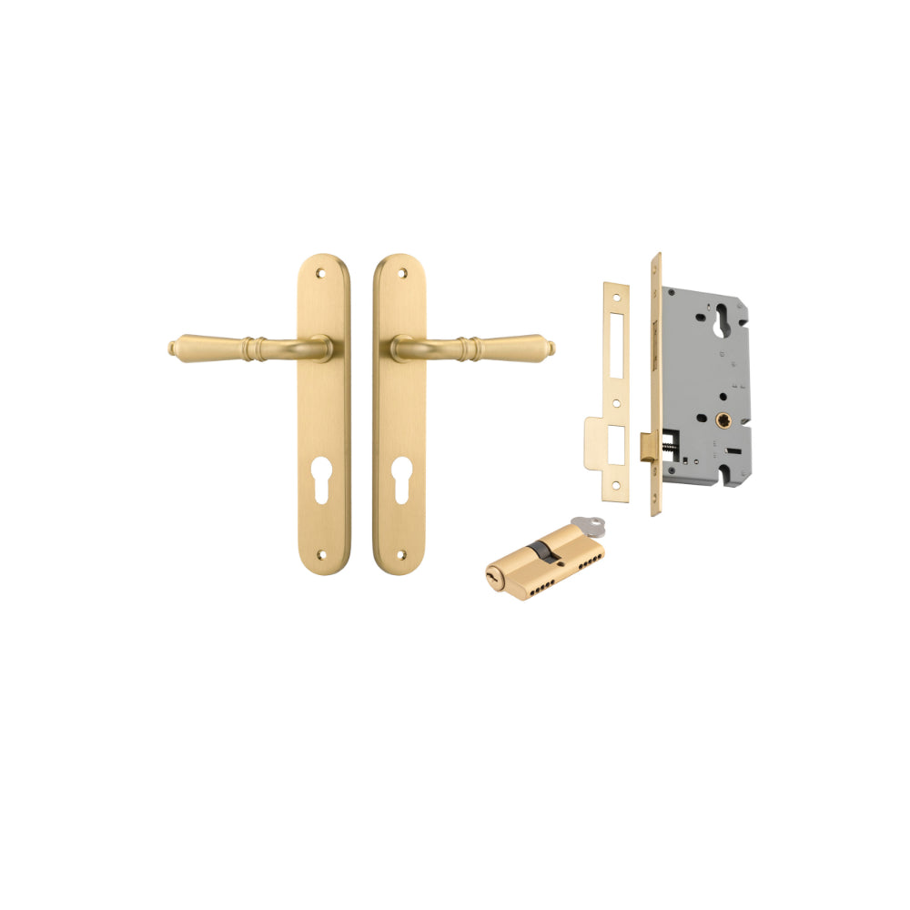 Door Lever Sarlat Oval Euro Brushed Gold PVD CTC85mm H240xW40xP55mm Entrance Kit Mortice Lock Euro Brushed Gold PVD CTC85mm Backset 60mm, Euro Cylinder Dual Function 5 Pin Satin Brass L65mm KA2 in Brushed Gold PVD