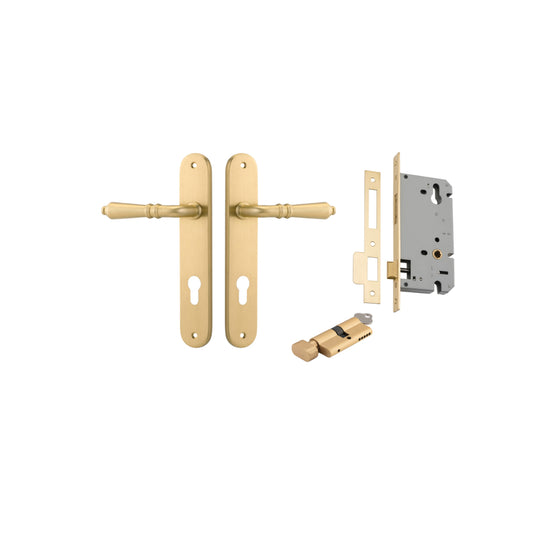 Door Lever Sarlat Oval Euro Brushed Gold PVD CTC85mm H240xW40xP55mm Entrance Kit Mortice Lock Euro Brushed Gold PVD CTC85mm Backset 60mm, Euro Cylinder Key Thumb 6 Pin Satin Brass L70mm KA2 in Brushed Gold PVD