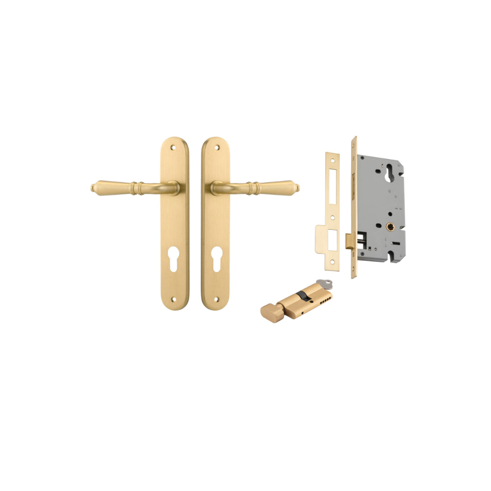 Door Lever Sarlat Oval Euro Brushed Gold PVD CTC85mm H240xW40xP55mm Entrance Kit Mortice Lock Euro Brushed Gold PVD CTC85mm Backset 60mm, Euro Cylinder Key Thumb 6 Pin Satin Brass L70mm KA2 in Brushed Gold PVD
