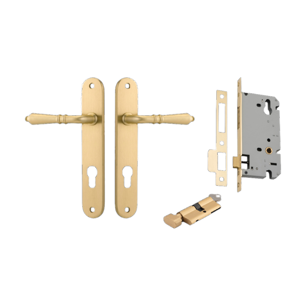 Door Lever Sarlat Oval Euro Brushed Gold PVD CTC85mm H240xW40xP55mm Entrance Kit Mortice Lock Euro Brushed Gold PVD CTC85mm Backset 60mm, Euro Cylinder Key Thumb 6 Pin Satin Brass L70mm KA2 in Brushed Gold PVD