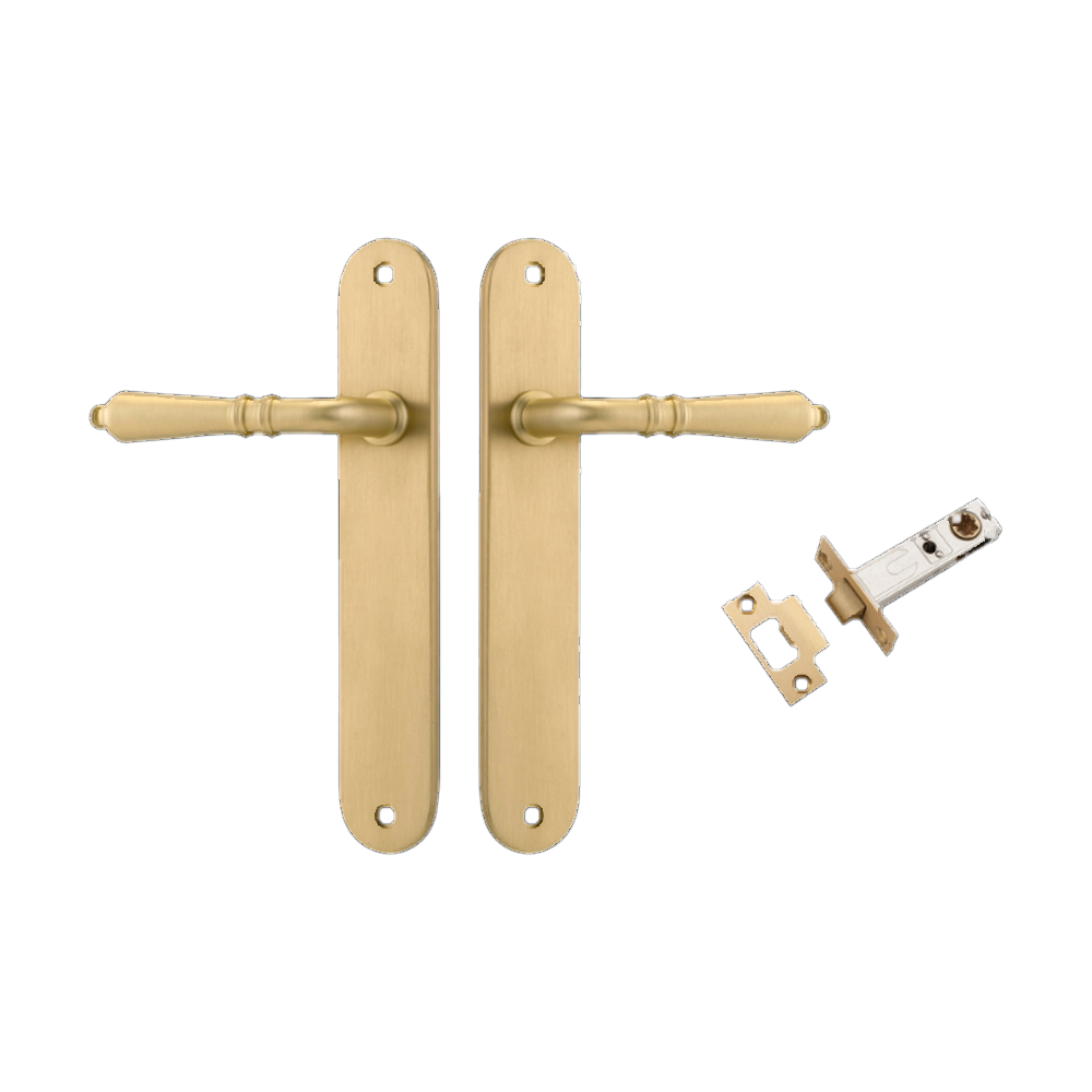 Door Lever Sarlat Oval Latch Pair Brushed Gold PVD L111xP53mm BPH240xW40mm Passage Kit Tube Latch Split Cam 'T' Striker Brushed Gold PVD Backset 60mm in Brushed Gold PVD