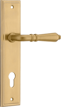 Pair of Iver Sarlat lever door handles on stepped backplate, showcasing elegant metal hardware with a polished finish.