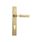 Pair of Iver Brunswick lever door handles on rectangular backplates, featuring a sleek, modern design in a brushed finish.