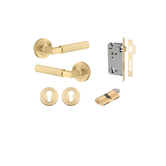 Door Lever Brunswick Rose Round Pair Brushed Gold PVD L120xP60mm BPD52mm Mortice Lock Euro Brushed Gold PVD CTC85mm Backset 60mm Euro Cylinder Dual Function 5 Pin Brushed Brass 65mm KA4 Escutcheon Euro Concealed Fix Round Pair D52xP10mm in Brushed Gold PV
