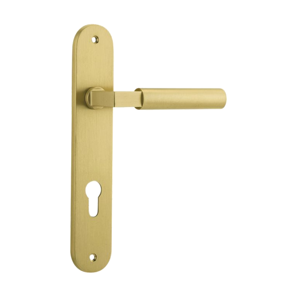 Door Lever Berlin Oval Euro Pair Brushed Gold PVD CTC85mm L120xP57mm BPH240xW40mm in Brushed Gold PVD
