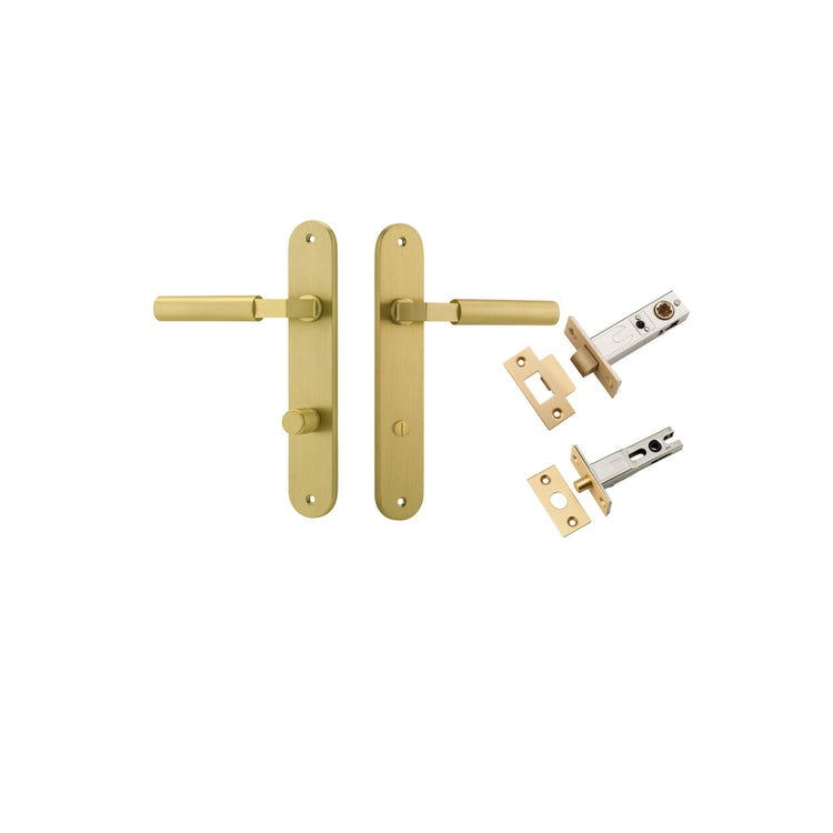 Pair of Iver Berlin lever handles with oval backplates, featuring a sleek, modern design in a polished finish.