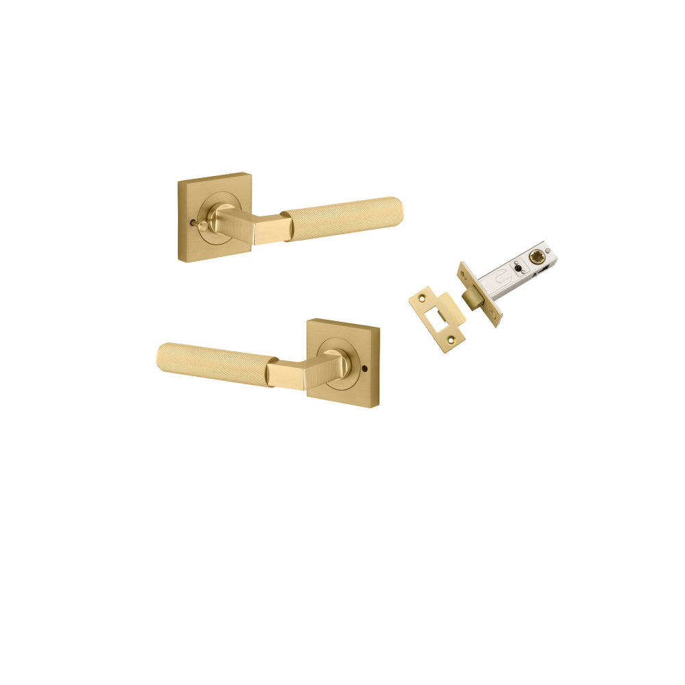 Pair of Iver Brunswick lever handles on square rose, featuring a sleek and modern design for interior door hardware.