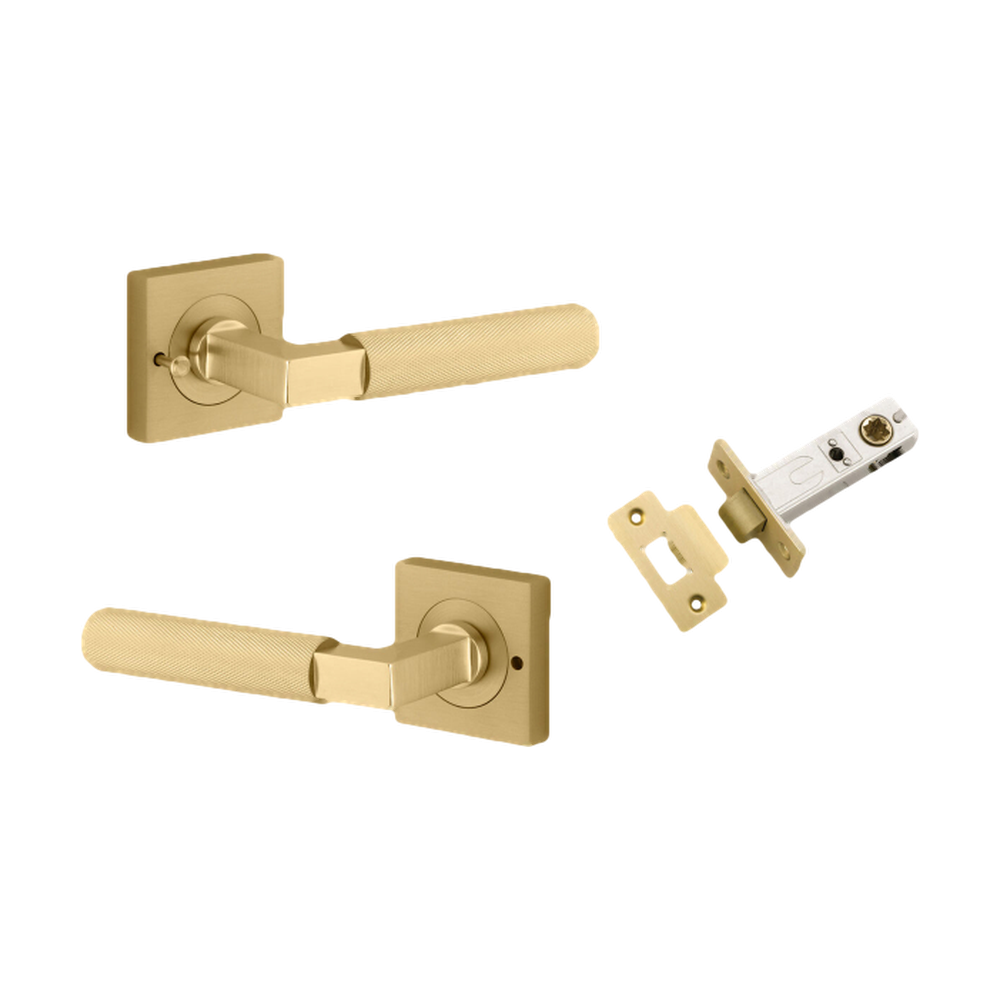 Door Lever Brunswick Square Rose Inbuilt Privacy Pair Brushed Gold PVD D58xP60mm with Tube Latch Privacy with Faceplate & T Striker Backset 60mm in Brushed Gold PVD