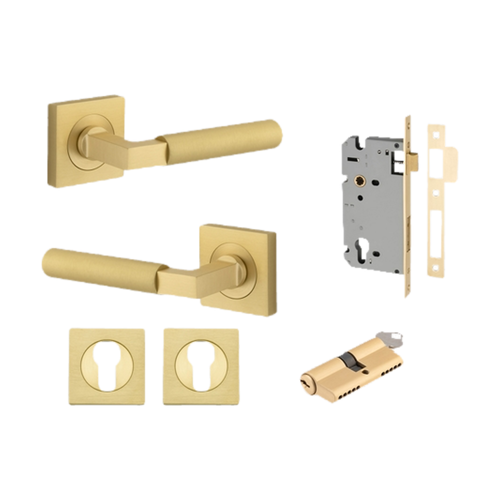 Door Lever Berlin Rose Square Brushed Gold PVD Key / Thumb Entrance Kit in Brushed Gold PVD