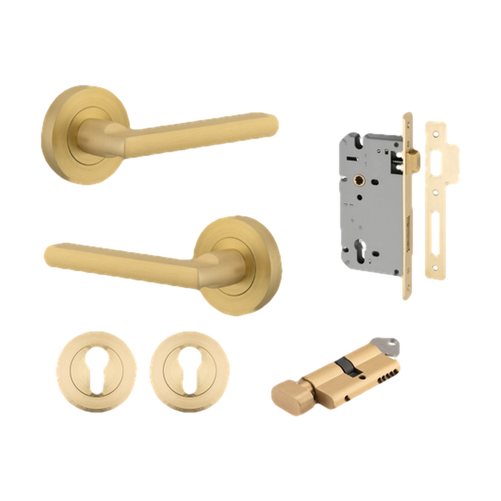 Door Lever Baltimore Rose Round Brushed Gold PVD Key / Thumb Entrance Kit in Brushed Gold PVD