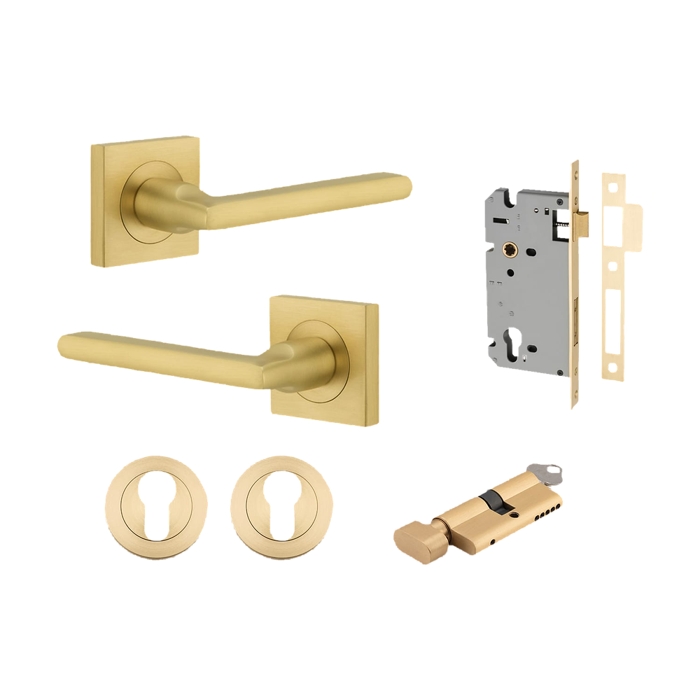 Door Lever Baltimore Rose Square Brushed Gold PVD Key / Thumb Entrance Kit in Brushed Gold PVD