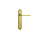 Pair of Iver Baltimore lever door handles on oval backplates, showcasing a sleek, modern design with a polished finish.