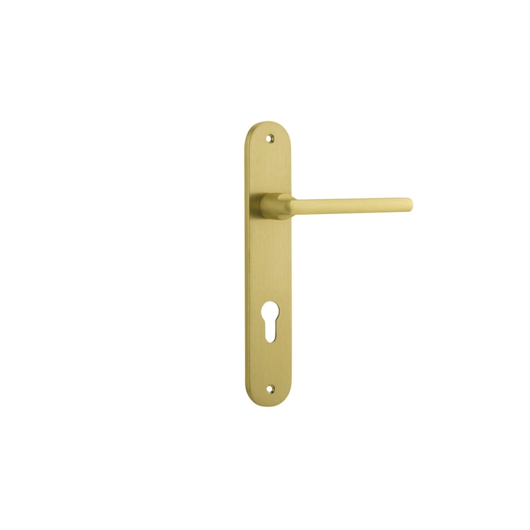 Pair of Iver Baltimore lever door handles on oval backplates, showcasing sleek metal finish and modern design for interior doors.