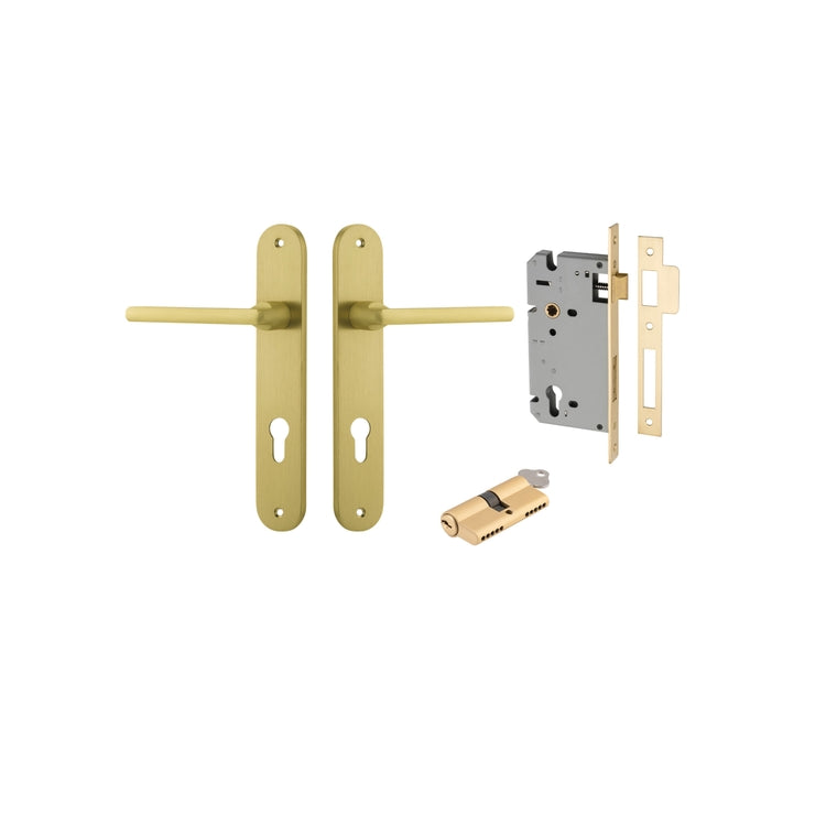 Pair of Iver Baltimore lever door handles with oval backplates, featuring sleek modern design in polished finish.